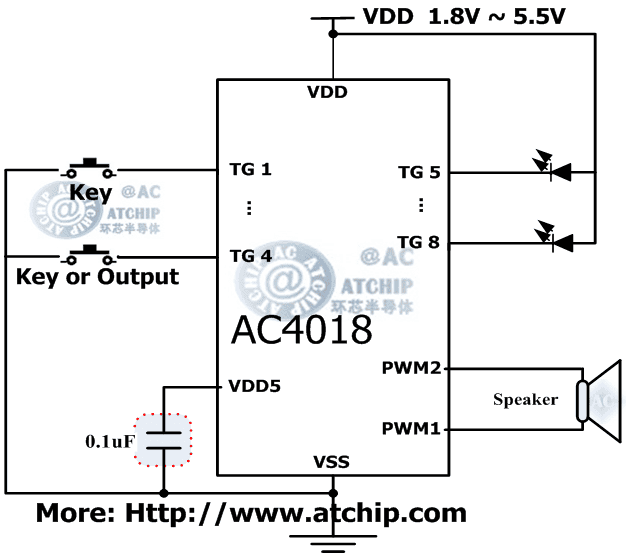 AC4018 diagram 與地觸發(fā)有效帶單片機MCU控制的OTP語音芯片電路接線圖