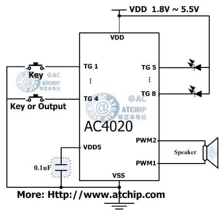 ac4020 diagram 與地觸發(fā)有效帶單片機(jī)MCU控制的OTP語(yǔ)音芯片電路接線(xiàn)圖